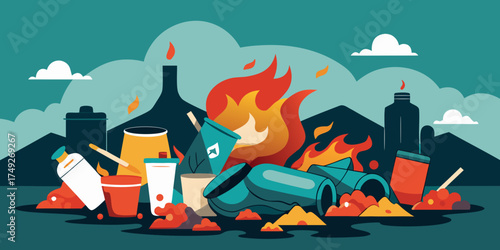 Pile of burning plastic garbage and waste with colorful containers  