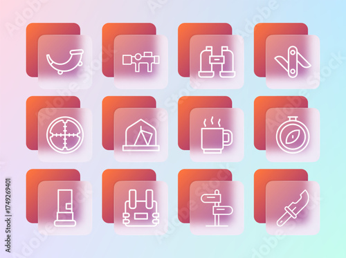 Set line Swiss army knife, Bulletproof vest, Coffee cup, Road traffic sign, Tourist tent, Binoculars, Hunting horn and Sniper optical sight icon. Vector