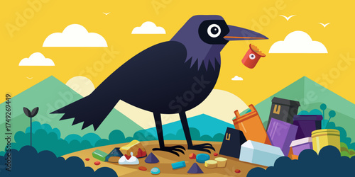 Crow standing on landfill surrounded by colorful trash and mountains  