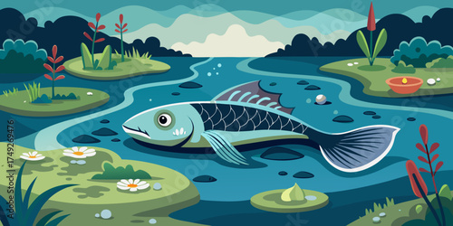 Dead fish floating in polluted pond surrounded by green nature  