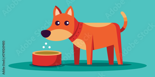 Cartoon dog drinking from red bowl on teal background  