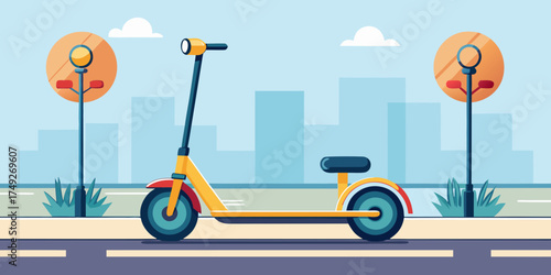Electric scooter parked on sidewalk in urban cityscape design  