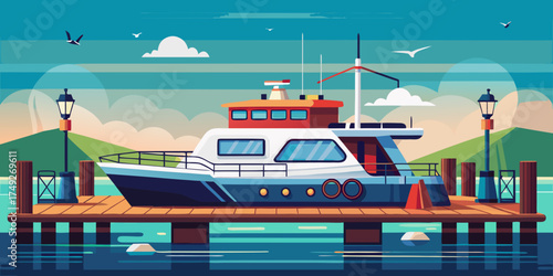 Electric boat docked at a marina with picturesque landscape backdrop  