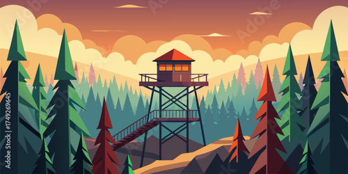 Forest fire watchtower in mountainous area during sunset  