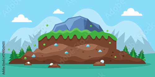 Cartoon-style compost pile with mountain background and trees  