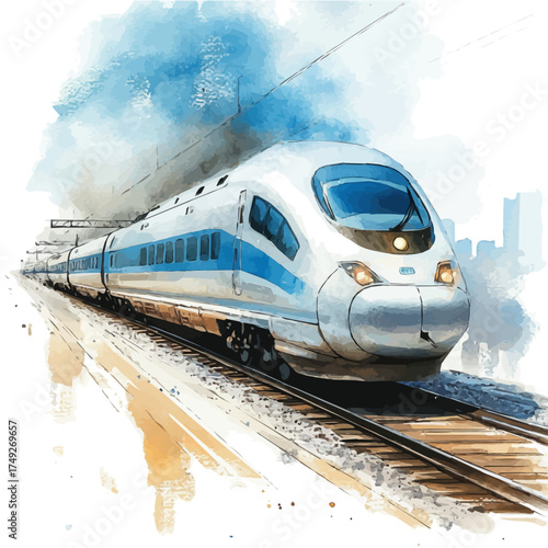 High-Speed Train, watercolor vector, isolated on a white background.