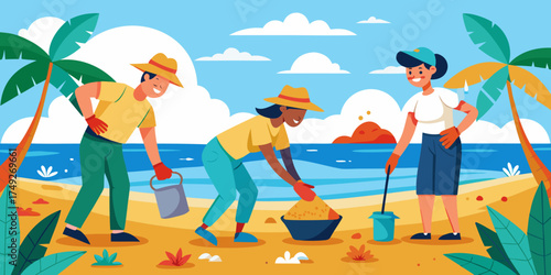 Team of volunteers cleaning beach while enjoying sunny day