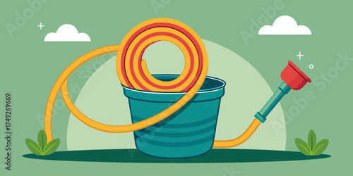 Garden hose coiled in a bucket with watering nozzle on green backdrop  