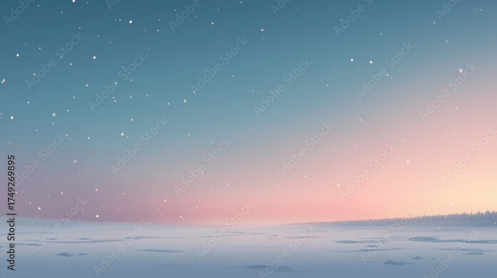 Naklejka premium Minimal winter landscape with soft pastel sunrise over snowy hills, clean background with copy space