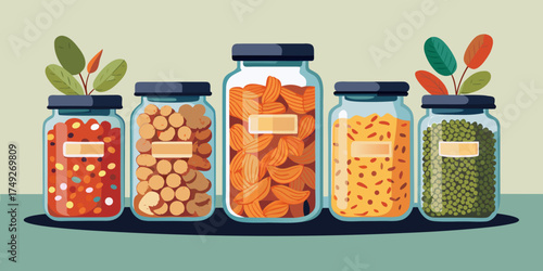 Glass jars filled with labeled dry foods and colorful ingredients  