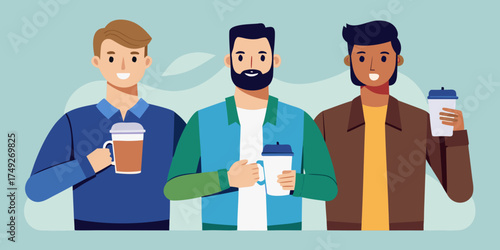 Three men holding reusable coffee cups and smiling together  