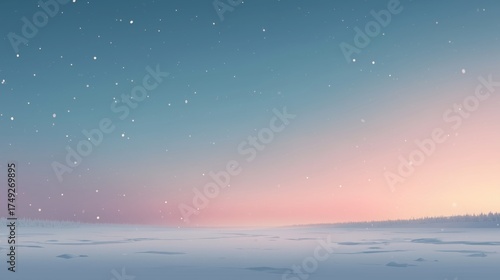 Minimal winter landscape with soft pastel sunrise over snowy hills, clean background with copy space