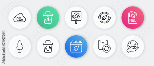 Set line Calendar with autumn leaves, Bio fuel canister, Tree, Shopping bag recycle, Electric saving plug leaf, Recycle clean aqua, Hand holding Earth globe and bin icon. Vector