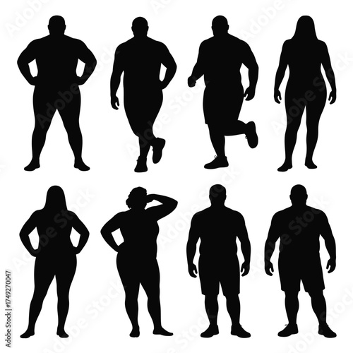 Set of eight black silhouettes of plus size people in various poses vector illustration silhouette