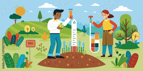 Farmers testing soil pH while planting in a colorful garden  