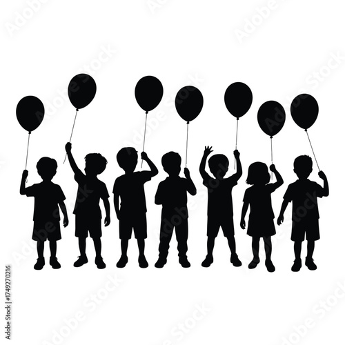 Scalable vector illustration of diverse children silhouettes holding balloons for declarative graphics silhouette