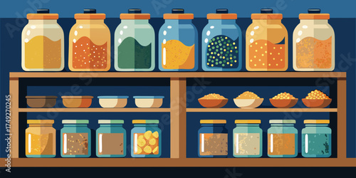 Glass jars filled with grains and spices on wooden shelf  