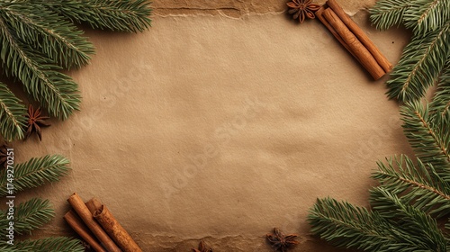 Holiday kraft paper flatlay — brown, green & cinnamon for Christmas cards, invitations and seasonal backgrounds