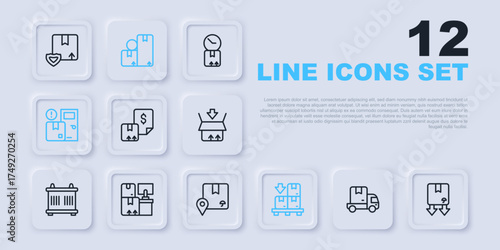 Set line Delivery cargo truck, Cardboard box with traffic symbol, Waybill, boxes on pallet, Home delivery services, Warehouse, Carton cardboard and Location icon. Vector