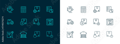 Set line Verification of delivery list, Warehouse, Carton cardboard box, Gear with package, and Calculator icon. Vector