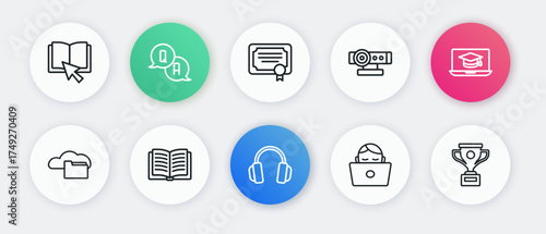 Set line Headphones, Graduation cap laptop, Cloud or online library, Student working, Web camera, Certificate template, Award cup and Open book icon. Vector