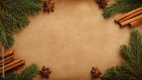 Holiday kraft paper flatlay — brown, green & cinnamon for Christmas cards, invitations and seasonal backgrounds