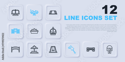 Set line Playground kids bridge, Hopscotch, Sandbox with sand, Toy horse, Swedish wall, Swing car and for icon. Vector