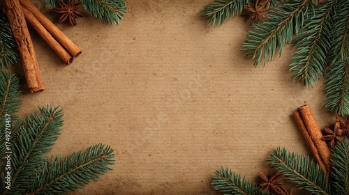 Holiday kraft paper flatlay — brown, green & cinnamon for Christmas cards, invitations and seasonal backgrounds