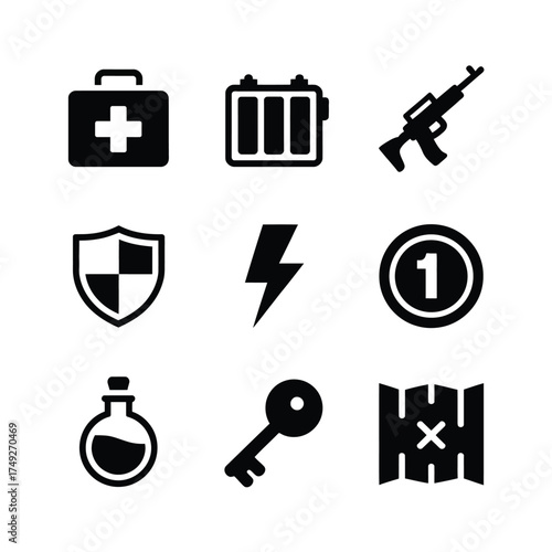 Set of 9 black and white minimalist icons for gaming and applications scalable vector eps silhouette