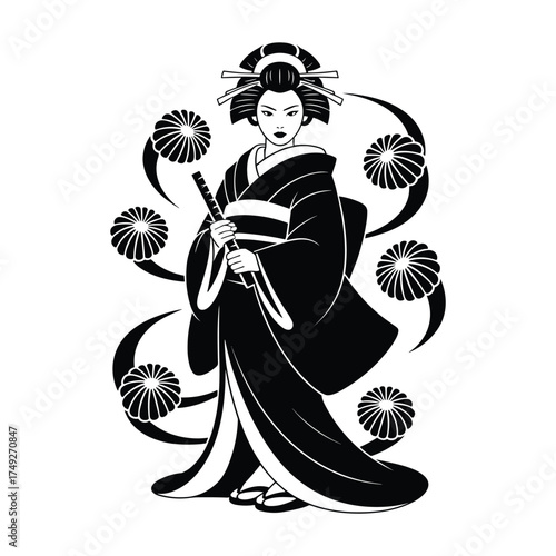Black silhouette of a traditional Japanese geisha in a kimono holding a flute surrounded by floral motifs