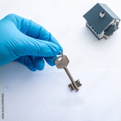 A creative overhead composition of a realtor’s gloved hand sliding a key across 