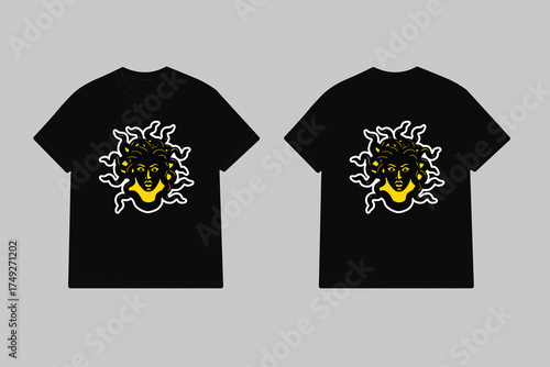 Fierce medusa head linocut graphic snakes hair