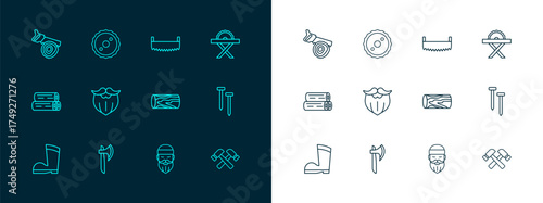 Set line Electric circular saw, Wooden axe, log, Lumberjack, Mustache and beard, Two-handed, Hand and Circular blade icon. Vector