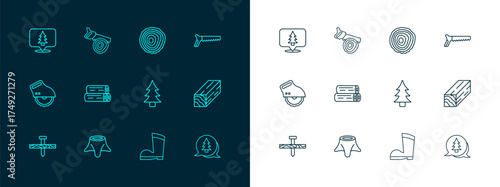 Set line Hand saw, Tree stump, Waterproof rubber boot, Wooden log, rings, Location the forest and icon. Vector