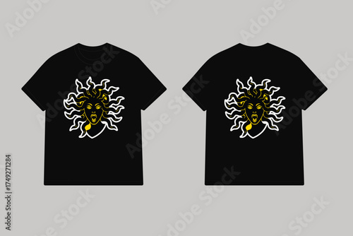 Fierce medusa head linocut on black t shirt snakes