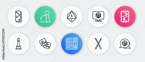 Set line Bingo card, Air hockey table, Chess, Crossed billiard cues, Game dice, and icon. Vector