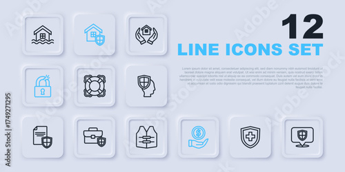 Set line Life insurance with shield, Location, Lifebuoy, Money, Broken or cracked lock, Briefcase, House and jacket icon. Vector