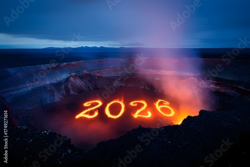 Volcanic crater glowing with 2028 written in fiery letters