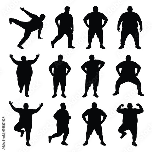 Set of 12 vector silhouettes illustrating overweight figures in various poses for graphic design silhouette