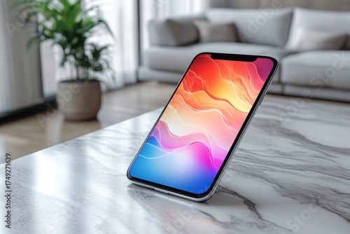 Smartphone screen mockup showcasing vibrant abstract design in modern living room