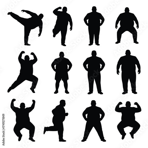 Set of 12 black silhouettes illustrating overweight figures in dynamic poses vector art silhouette