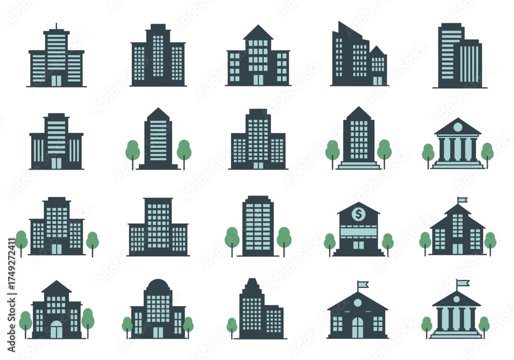 Fototapeta premium Buildings icons. Bank, Hotel, Courthouse. City, Real estate, Architecture buildings icons. Hospital, town house, museum. Urban architecture, city skyscraper. Classic set. Quality set. Vector