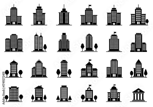 Buildings icons. Bank, Hotel, Courthouse. City, Real estate, Architecture buildings icons. Hospital, town house, museum. Urban architecture, city skyscraper. Classic set. Quality set. Vector