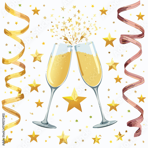 A seamless illustration of champagne glasses clinking surrounded by glowing stars and confetti ribbons.