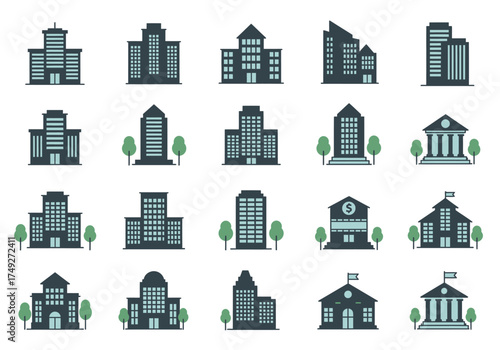 Buildings icons. Bank, Hotel, Courthouse. City, Real estate, Architecture buildings icons. Hospital, town house, museum. Urban architecture, city skyscraper. Classic set. Quality set. Vector