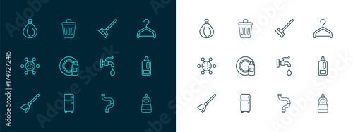 Set line Hanger wardrobe, Refrigerator, Water tap, Industry metallic pipe, Dishwashing bottle and plate, Mop, Garbage bag and Trash can icon. Vector