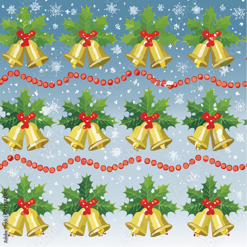 A seamless grid of holly berries, decorative garlands, and silver bells against snowy blue backgrounds.