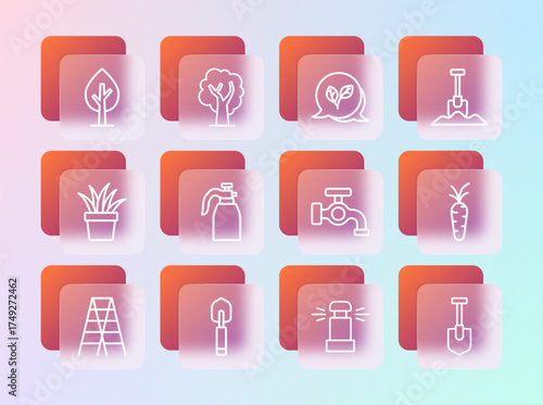 Set line Shovel, Garden trowel spade or shovel, Water tap, Automatic irrigation sprinklers, sprayer for water, Leaf, Tree and icon. Vector