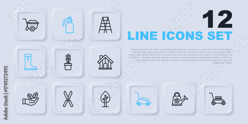 Set line Watering can, Lawn mower, Flower pot, Waterproof rubber boot, Gardening scissors, sprayer for water and Tree icon. Vector
