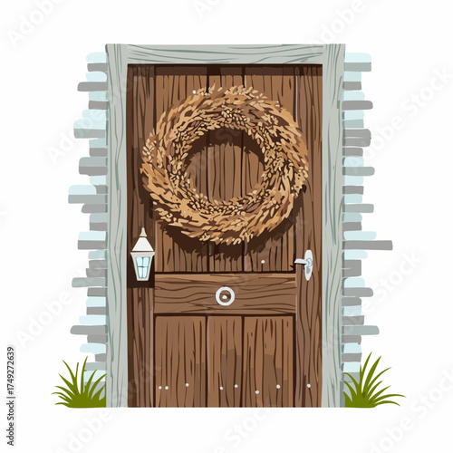 A large, rustic wreath woven from dried grapevines and natural brown burlap sits on a worn wooden door.
